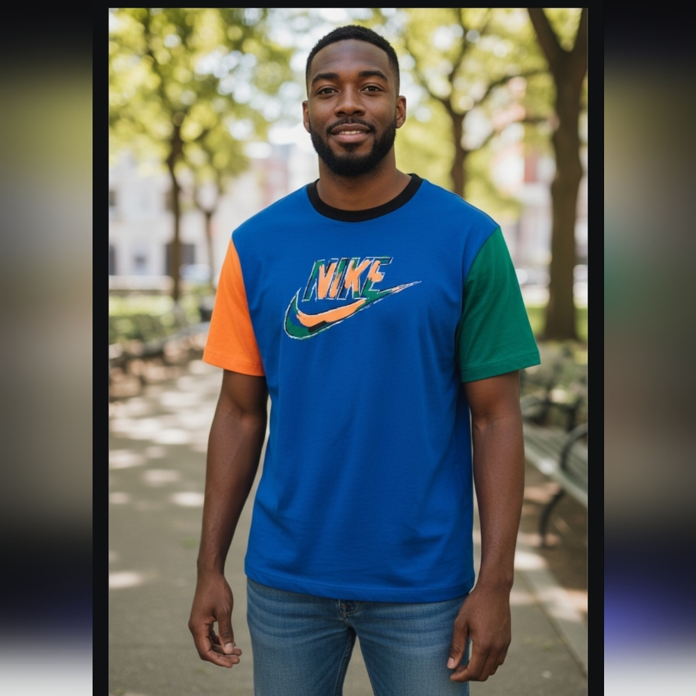Nike Men’s Blue Tee with Orange and Green Sleeves Size-L